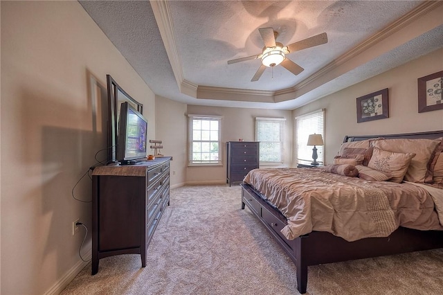 2023 Sterling Dr, South Fayette, PA 15057 - bedroom with a raised ceiling, light carpet, a textured ceiling, crown molding, and ceiling fan