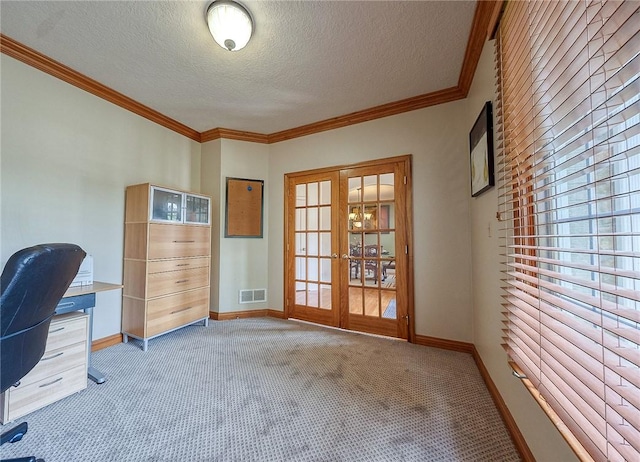 2023 Sterling Dr, South Fayette, PA 15057 - unfurnished office with french doors, light carpet, crown molding, and a textured ceiling