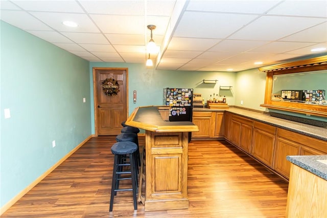 406 Dove Dr, South Union Twp, PA 15401 - indoor dry bar featuring light wood finished floors, hanging light fixtures, recessed lighting, and a paneled ceiling