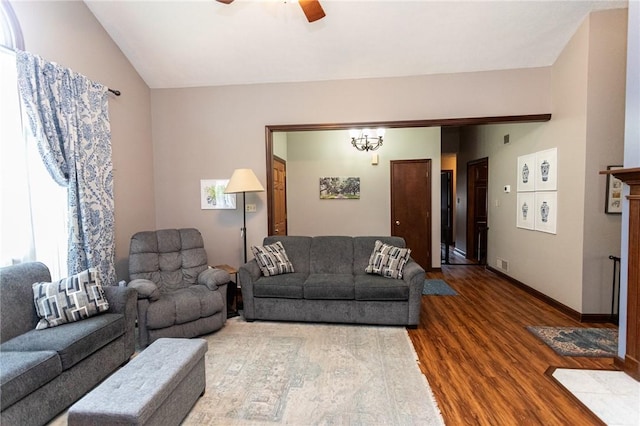 406 Dove Dr, South Union Twp, PA 15401 - living room with dark wood finished floors, a ceiling fan, and vaulted ceiling