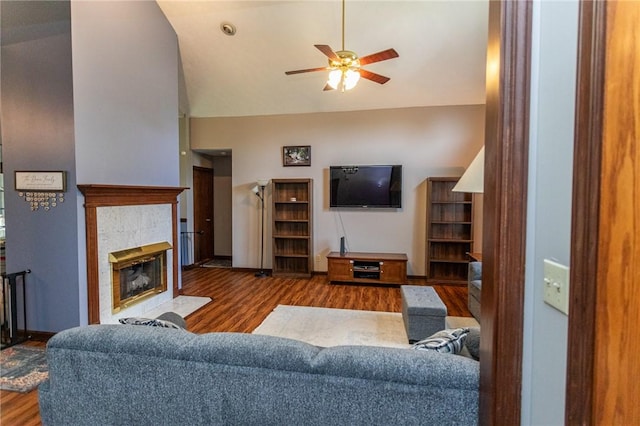406 Dove Dr, South Union Twp, PA 15401 - living room with wood finished floors, ceiling fan, a fireplace, and high vaulted ceiling