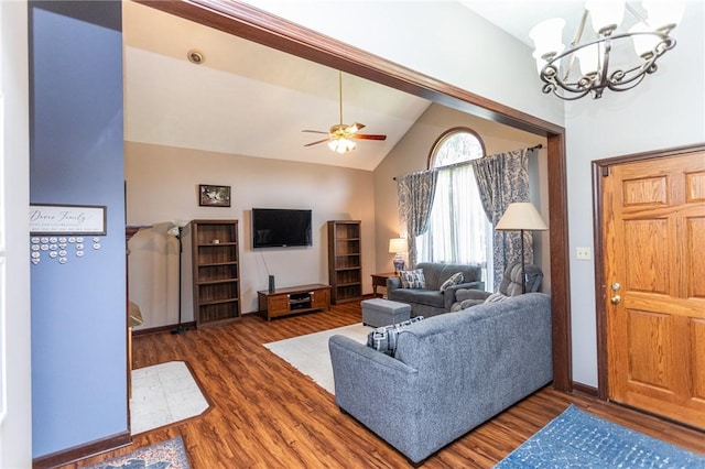 406 Dove Dr, South Union Twp, PA 15401 - living room featuring wood finished floors, a chandelier, ceiling fan, and vaulted ceiling