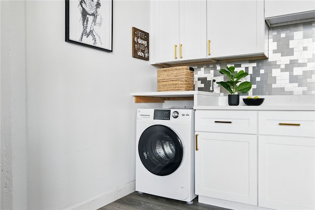 5850 Centre Ave Unit 605, Shadyside, PA 15206 - laundry area featuring washer / clothes dryer, cabinet space, and dark wood-type flooring
