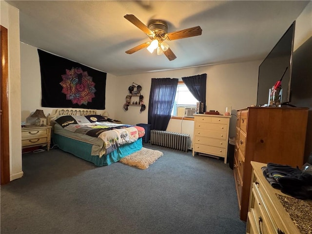 203 10th, St, PA 15963 - bedroom with radiator heating unit, dark colored carpet, cooling unit, and a ceiling fan