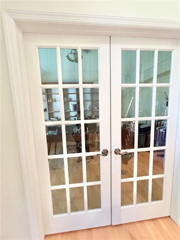 518 Farndale Rd, Ohara, PA 15238 - doorway featuring french doors, wood finished floors, and crown molding