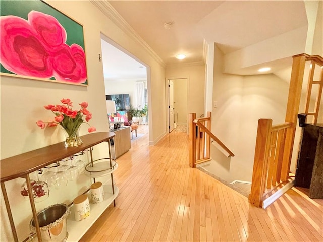 518 Farndale Rd, Ohara, PA 15238 - hall featuring an upstairs landing, hardwood / wood-style floors, and ornamental molding