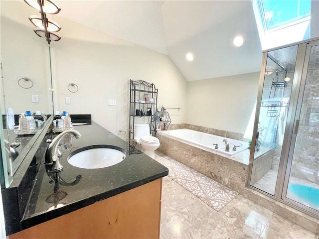 518 Farndale Rd, Ohara, PA 15238 - full bathroom featuring a bath, double vanity, a shower stall, lofted ceiling, and a skylight
