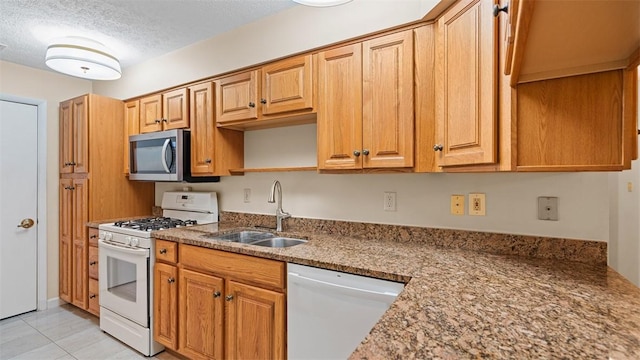 103 Cambridge Ct, Springdale Twp, PA 15049 - kitchen with white appliances, a textured ceiling, light tile patterned floors, open shelves, and stone countertops