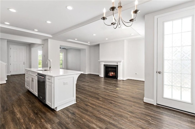 2008 Ashton Row, South Fayette, PA 15017 - kitchen with light countertops, dark wood-type flooring, white cabinets, a kitchen island with sink, and recessed lighting