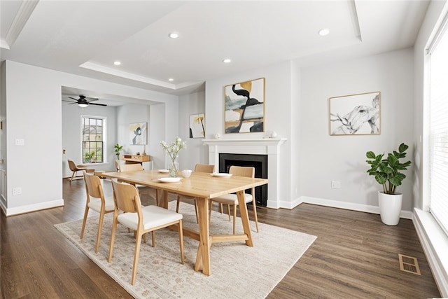 2008 Ashton Row, South Fayette, PA 15017 - dining space with a raised ceiling, a fireplace, ceiling fan, dark wood finished floors, and recessed lighting