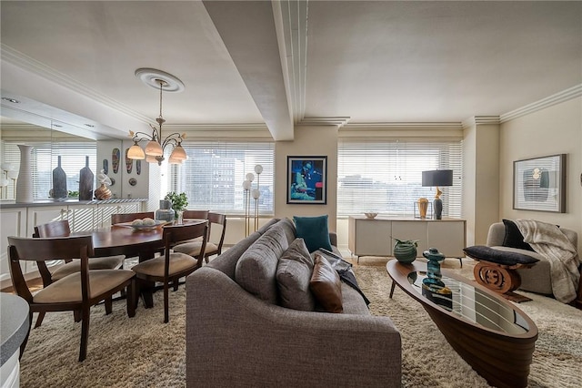320 Fort Duquesne Blvd Unit 26N, Downtown Pgh, PA 15222 - living area with a chandelier, ornamental molding, and plenty of natural light