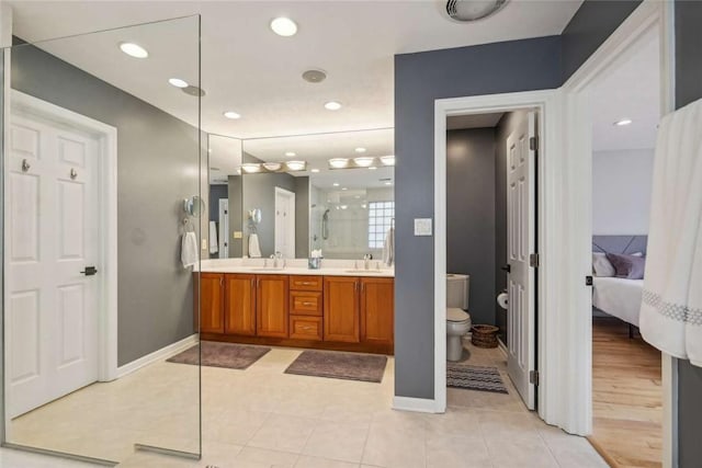 71 Waterfront Dr, Washingtons Landing, PA 15222 - bathroom featuring ensuite bath, double vanity, tile patterned flooring, recessed lighting, and a shower