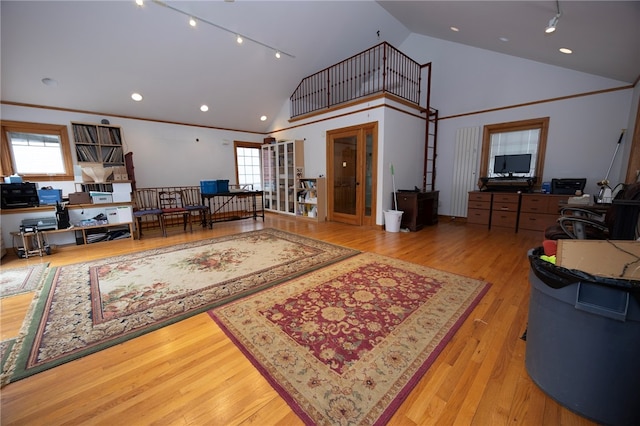 200 School St, Green Tree, PA 15220 - living room featuring high vaulted ceiling, track lighting, wood finished floors, and french doors