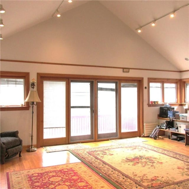 200 School St, Green Tree, PA 15220 - living area with wood finished floors, high vaulted ceiling, and track lighting