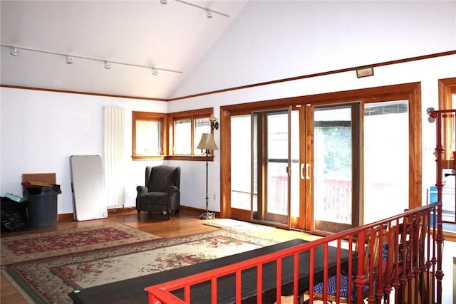 200 School St, Green Tree, PA 15220 - bedroom featuring rail lighting, lofted ceiling, multiple windows, and wood finished floors