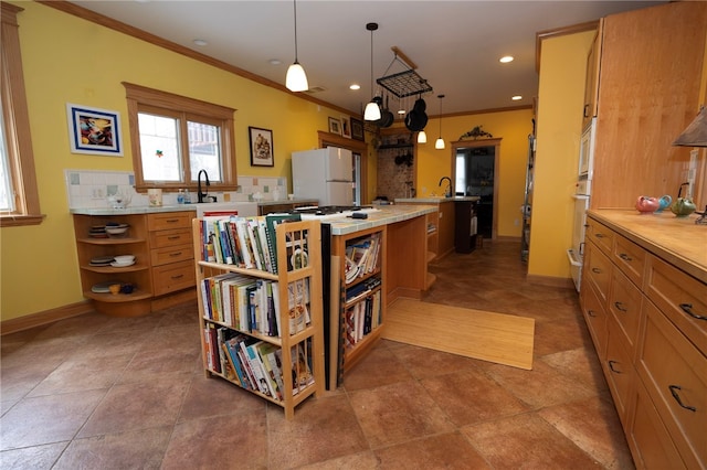 200 School St, Green Tree, PA 15220 - kitchen featuring open shelves, freestanding refrigerator, a kitchen island, light countertops, and crown molding