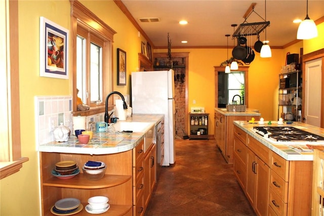 200 School St, Green Tree, PA 15220 - kitchen with white appliances, tile counters, open shelves, an island with sink, and crown molding