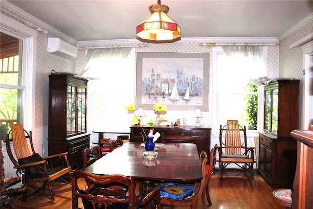 200 School St, Green Tree, PA 15220 - dining room featuring wallpapered walls, ornamental molding, a wall mounted AC, and dark wood-type flooring