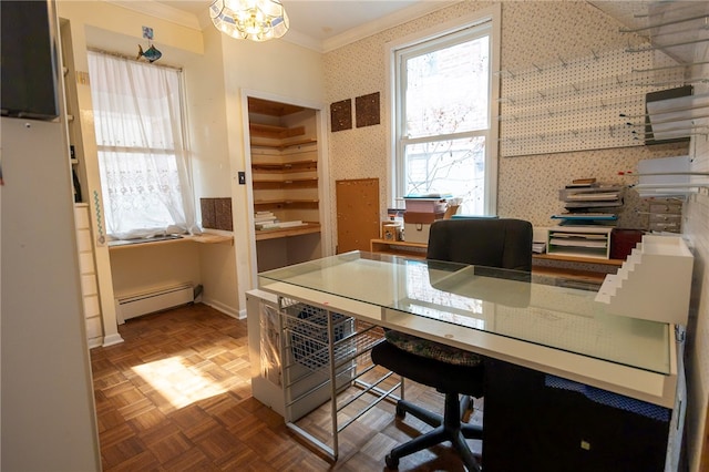200 School St, Green Tree, PA 15220 - office with baseboard heating, wallpapered walls, crown molding, and a chandelier