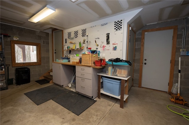 200 School St, Green Tree, PA 15220 - miscellaneous room with unfinished concrete flooring, a workshop area, and concrete block wall