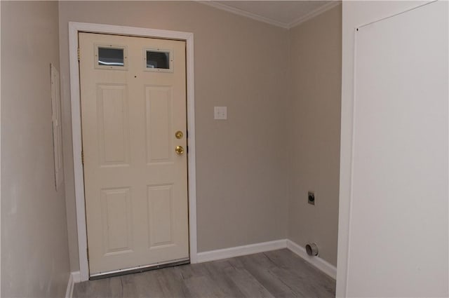 824 Emerson Ave, Farrell, PA 16121 - laundry area with electric dryer hookup, crown molding, and wood finished floors