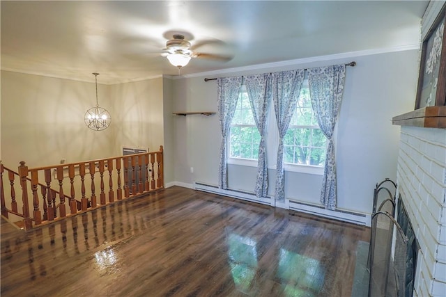 248 Laddie Dr, Canton Twp, PA 15301 - unfurnished living room featuring crown molding, wood finished floors, a fireplace, ceiling fan, and baseboard heating