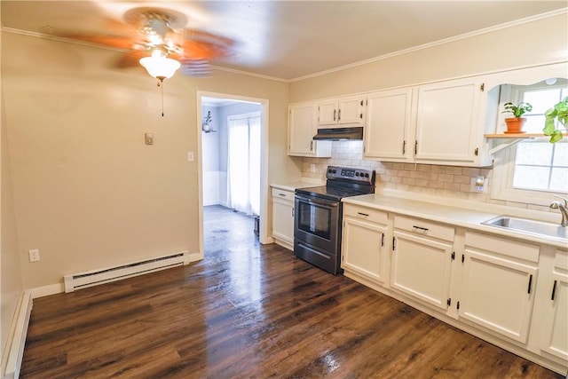 248 Laddie Dr, Canton Twp, PA 15301 - kitchen with a baseboard radiator, electric stove, under cabinet range hood, ceiling fan, and backsplash