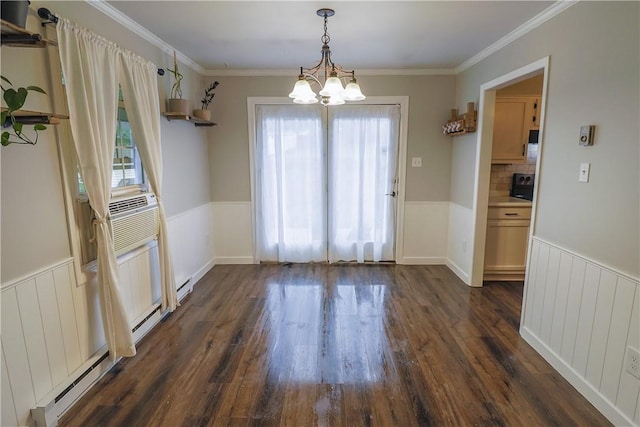 248 Laddie Dr, Canton Twp, PA 15301 - unfurnished dining area with a chandelier, wainscoting, dark wood-style flooring, crown molding, and cooling unit