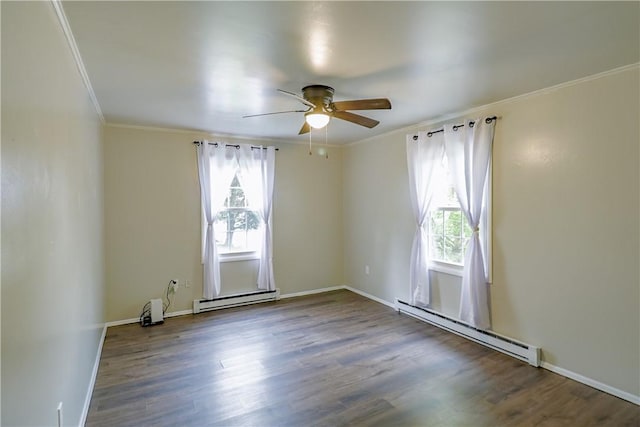 248 Laddie Dr, Canton Twp, PA 15301 - empty room with baseboard heating, ornamental molding, a ceiling fan, and wood finished floors