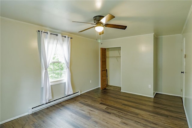 248 Laddie Dr, Canton Twp, PA 15301 - unfurnished bedroom with baseboard heating, wood finished floors, ornamental molding, a closet, and a ceiling fan