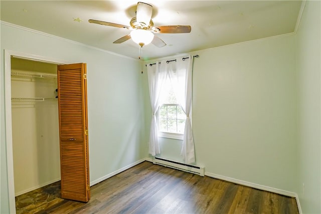 248 Laddie Dr, Canton Twp, PA 15301 - unfurnished bedroom with a baseboard heating unit, wood finished floors, crown molding, a closet, and ceiling fan