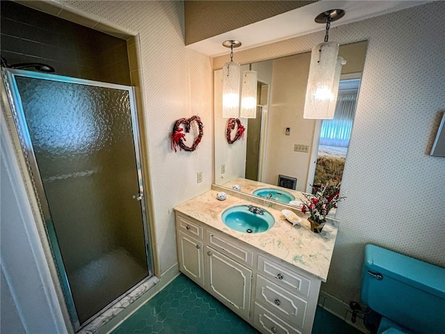 123 W Muntz Ave, Twp Of But Se, PA 16001 - full bathroom featuring vanity, a shower stall, and wallpapered walls