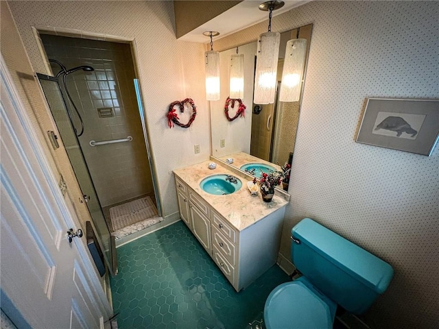123 W Muntz Ave, Twp Of But Se, PA 16001 - bathroom with vanity, a stall shower, and wallpapered walls