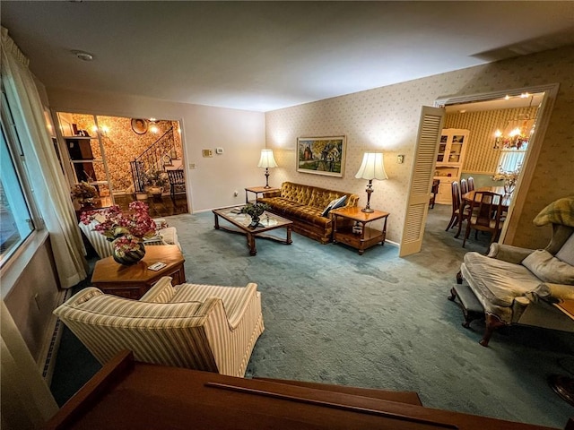 123 W Muntz Ave, Twp Of But Se, PA 16001 - carpeted living area featuring a chandelier, wallpapered walls, and stairs