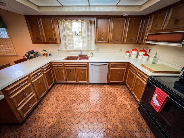 123 W Muntz Ave, Twp Of But Se, PA 16001 - kitchen featuring black / electric stove, stainless steel dishwasher, light countertops, a peninsula, and brown cabinets