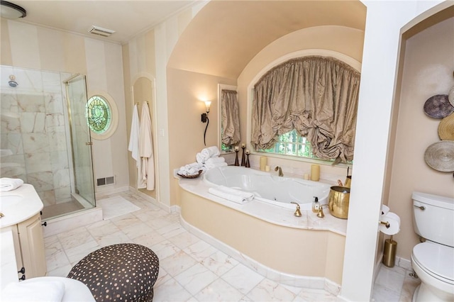 99 Wiggins Ln, South Union Twp, PA 15401 - bathroom with a tub with jets, a shower stall, marble finish flooring, and vanity