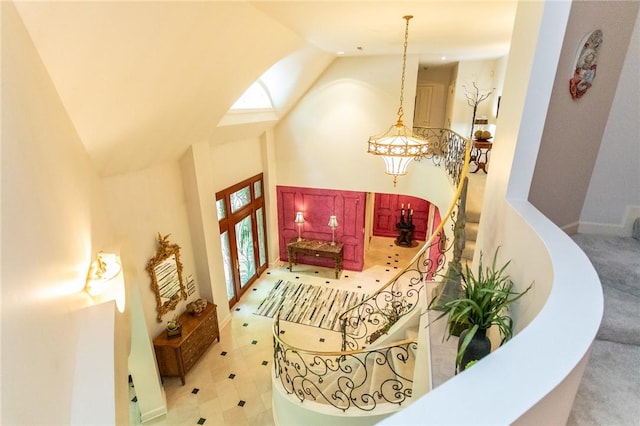 99 Wiggins Ln, South Union Twp, PA 15401 - stairway with healthy amount of natural light and high vaulted ceiling
