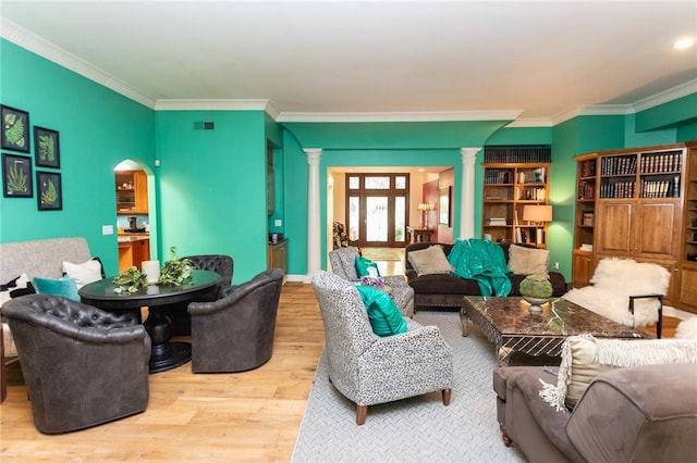 99 Wiggins Ln, South Union Twp, PA 15401 - living room with decorative columns, wood finished floors, and ornamental molding