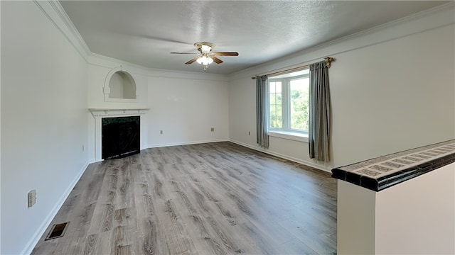 3011 Meyeridge Rd, Shaler, PA 15209 - unfurnished living room with ceiling fan, crown molding, a high end fireplace, and light wood-style floors