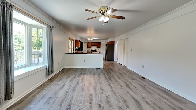 3011 Meyeridge Rd, Shaler, PA 15209 - unfurnished living room with a ceiling fan, light wood-style floors, and ornamental molding