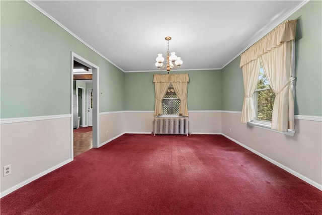 11 Old Mill Rd, Wharton Twp, PA 15470 - carpeted spare room with radiator heating unit, a chandelier, and ornamental molding
