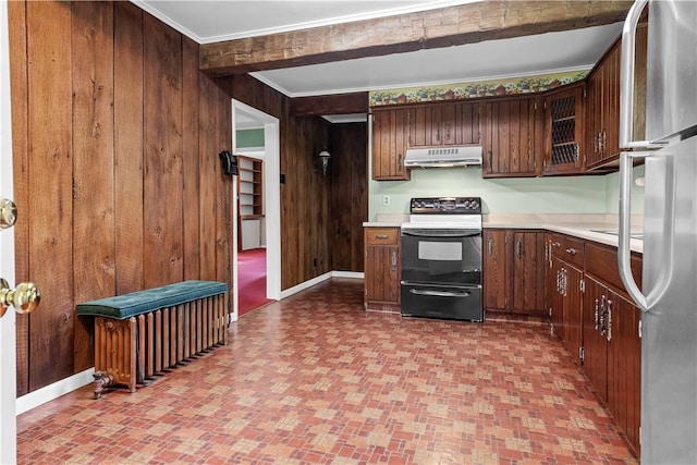 11 Old Mill Rd, Wharton Twp, PA 15470 - kitchen with range with electric stovetop, range hood, freestanding refrigerator, light countertops, and wood walls