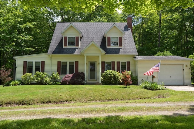 3244 Maple Ln, Jamestown Cra, PA 16134 - cape cod-style house with an attached garage, a chimney, a front yard, driveway, and a shingled roof