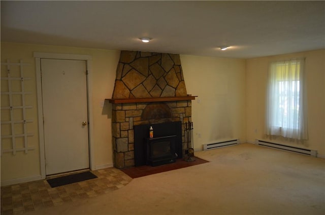 3244 Maple Ln, Jamestown Cra, PA 16134 - unfurnished living room with baseboard heating, carpet flooring, and a wood stove