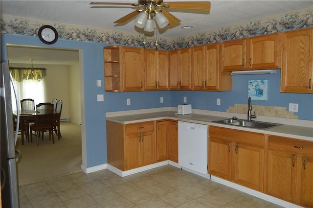 3244 Maple Ln, Jamestown Cra, PA 16134 - kitchen featuring white dishwasher, ceiling fan, a chandelier, light countertops, and brown cabinets