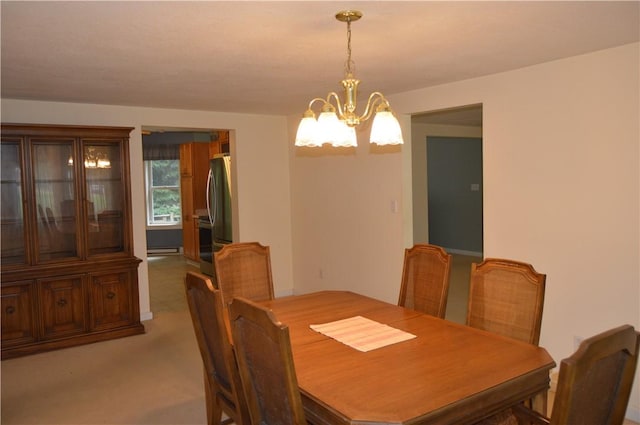 3244 Maple Ln, Jamestown Cra, PA 16134 - dining space with a chandelier, light carpet, and a baseboard heating unit