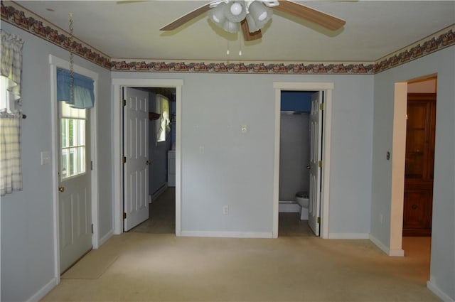 3244 Maple Ln, Jamestown Cra, PA 16134 - unfurnished bedroom featuring light carpet, connected bathroom, and ceiling fan