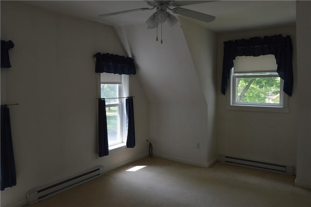 3244 Maple Ln, Jamestown Cra, PA 16134 - carpeted spare room featuring a baseboard radiator, plenty of natural light, ceiling fan, and lofted ceiling