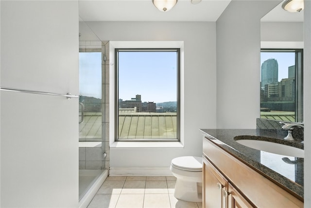 151 Fort Pitt Blvd Unit 1403, Downtown Pgh, PA 15222 - full bathroom featuring vanity, a shower stall, tile patterned floors, and a view of city