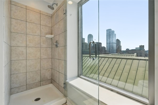 151 Fort Pitt Blvd Unit 1403, Downtown Pgh, PA 15222 - full bathroom with a view of skyline and a tile shower